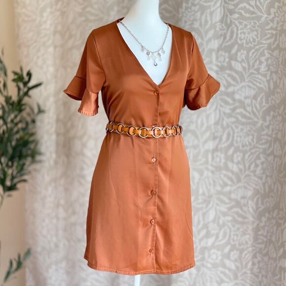 Nasty Gal Rust Orange Satin Shirt Dress Boho Glam Minimalist Whimsygoth Size 2‎ - Picture 1 of 8